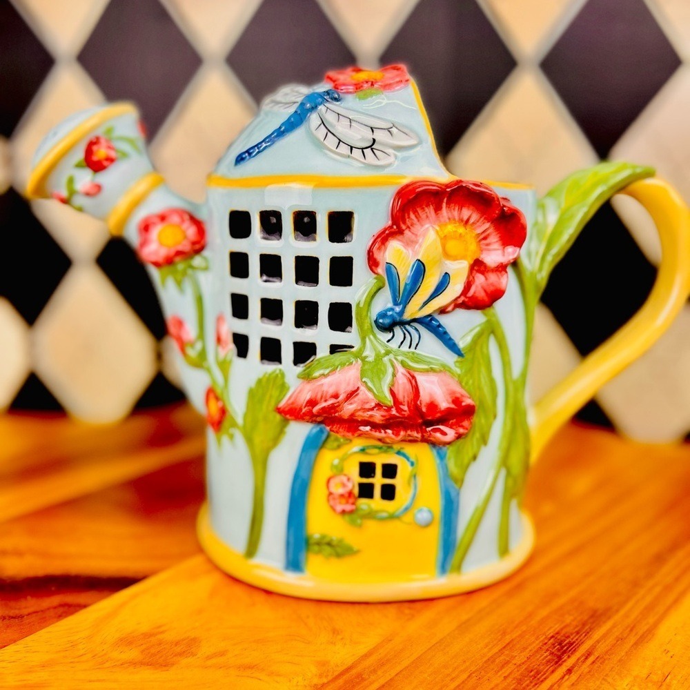 Cottage Ceramic Watering Can Whimsical Floral Butterfly Garden Decor - Picture 9 of 10